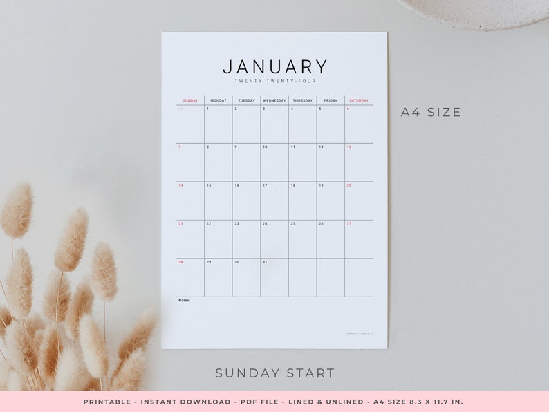 A4 Size 8.3 X 11.7 In, 2024 Printable Monthly Lined and Unlined