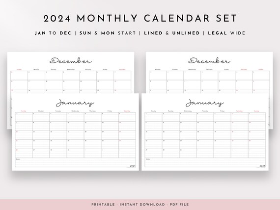 2024 Monthly & Yearly Printable Wall Calendar Set Horizontal Legal Size  Sunday/monday Start Lined/unlined Simple Minimalist Design - Etsy