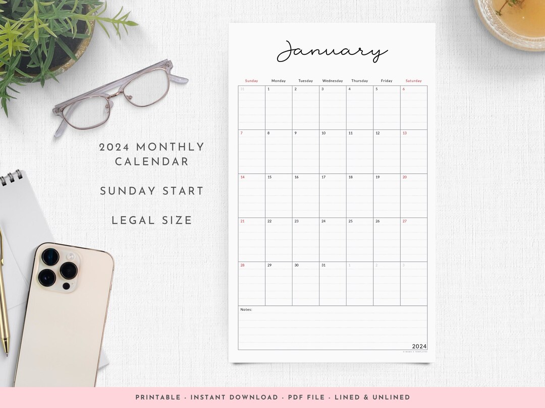 2024 Monthly & Yearly Printable Wall Calendar Vertical Legal Size