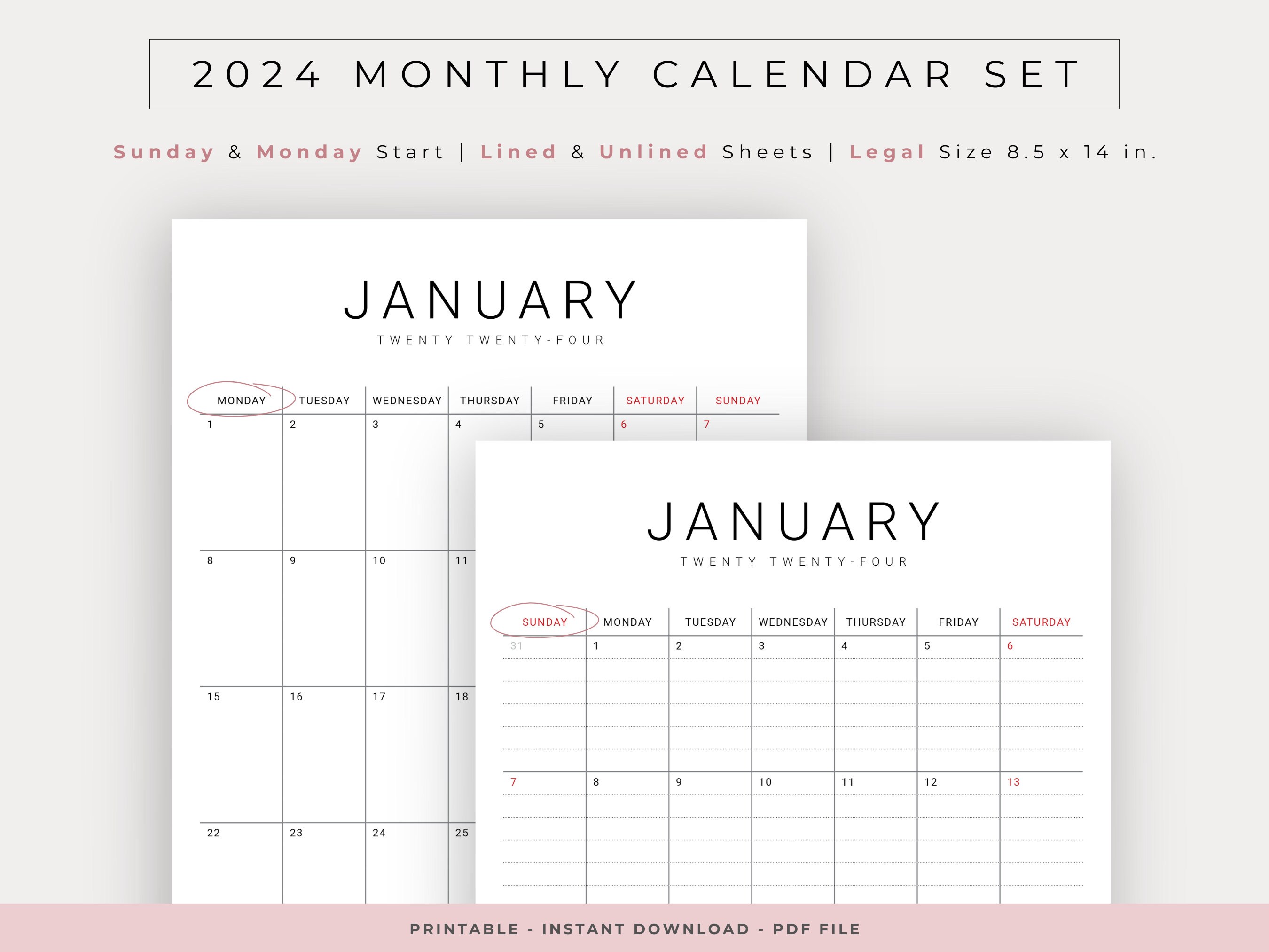 Printable Legal Size 8.5x14 2024 Monthly &amp; Yearly Minimalist Calendar ...