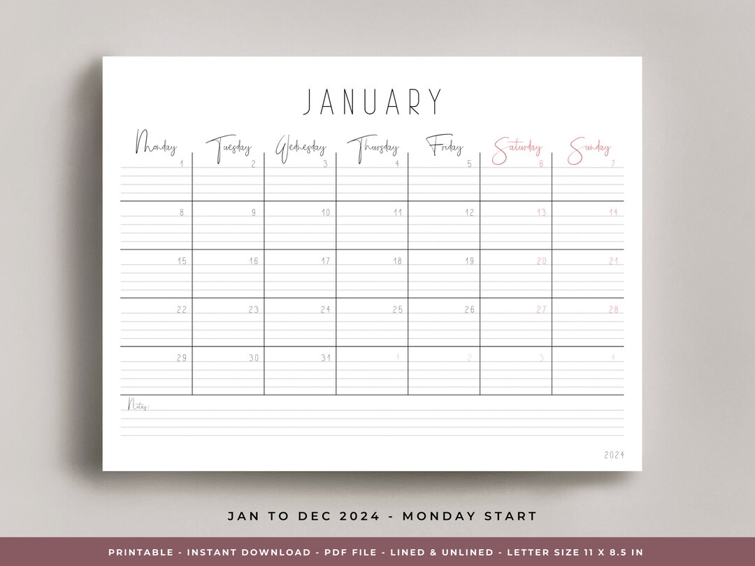 2024 Printable Monthly Lined and Unlined Borderless Calendar Etsy