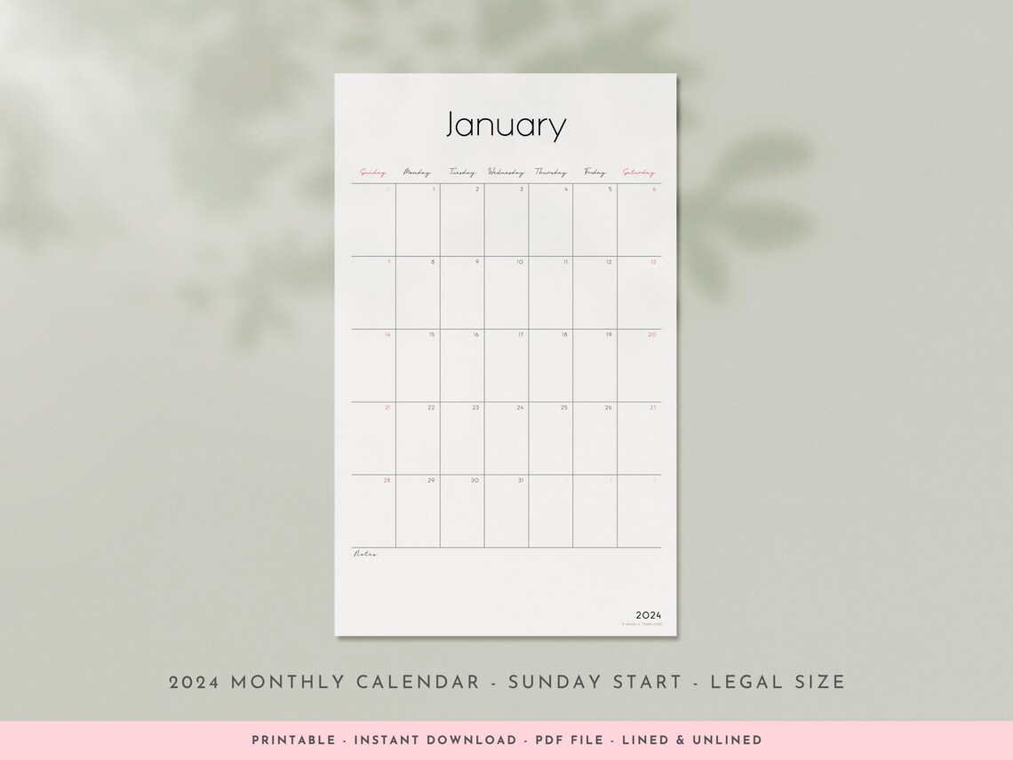 2024 Monthly & Yearly Printable Wall Calendar Vertical Legal Size