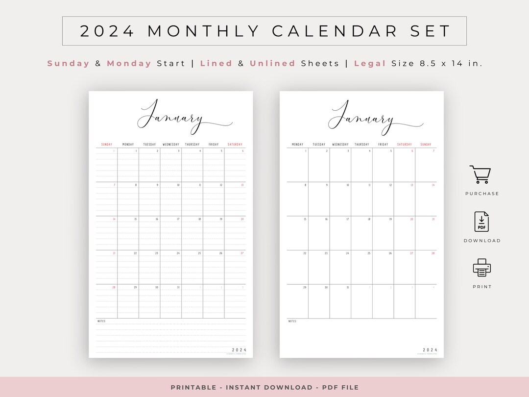 Printable Legal Size 8.5x14 2024 Monthly & Yearly Minimalist Calendar ...