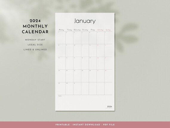 2024 Monthly & Yearly Printable Wall Calendar Vertical Legal Size 8.5 X 14  Monday Start Lined and Unlined Simple Minimalist Design - Etsy