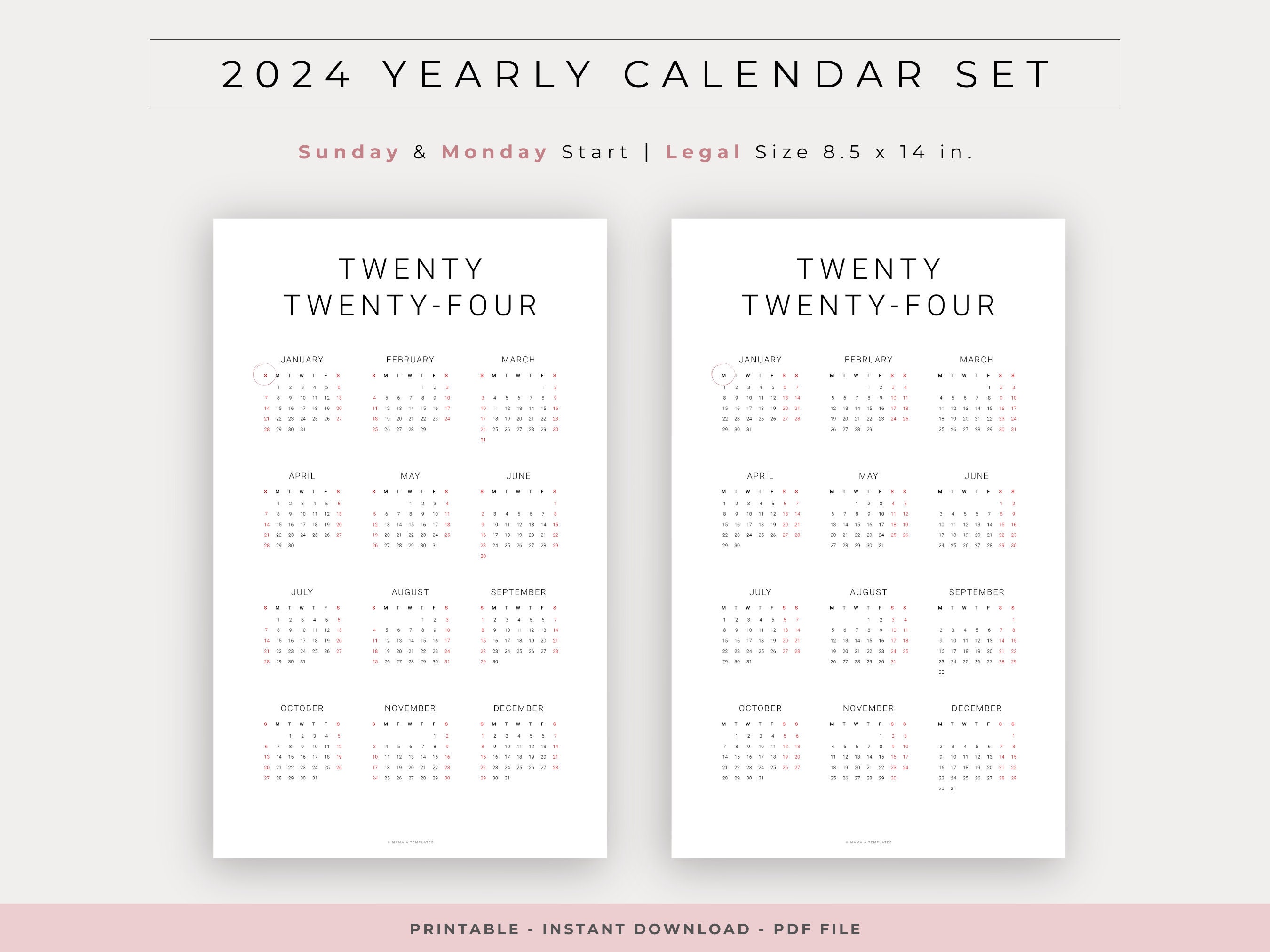 Printable Legal Size 8.5x14 2024 Monthly &amp; Yearly Minimalist Calendar ...