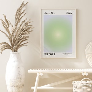 May include: A white framed poster with a green and purple gradient background. The poster has the text "Angel No. 333" at the top and "SUPPORT" at the bottom. The text "Your Spiritual Guides Are With You." is in smaller font below "SUPPORT".