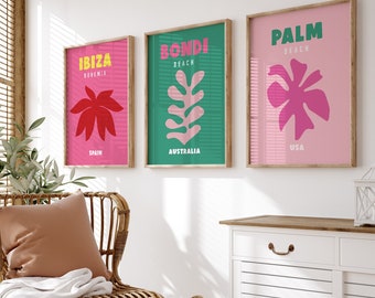 Travel Print Set of 3, Gallery Wall Set, Printable Wall Art,Colorful Travel Poster, Ibiza, Bondi, Palm Beach Printable, Ready to hang