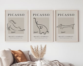 Picasso Print Set of 3, Gallery Wall Set Print, Picasso Line Art, Animal Wall Decor, Pablo Picasso Exhibition Poster