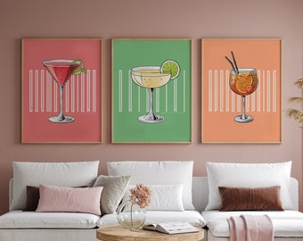 Retro Cocktail Print Set Of 3, Gallery Wall Set, Bar Cart Decor, Colorful Bar Wall Set Aesthetic Poster Set, Bar Prints, Digital Download