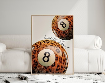 Lucky 8 Ball Leopard Print Retro Poster - Y2K Aesthetic Wall Art - Funky Room Decor - Vintage Inspired Digital Download