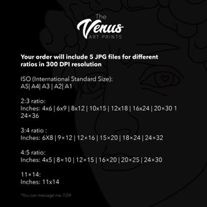 May include: A black and white illustration of a face with a heart in the eye. The text "The Venus Art Prints" is at the top of the image. The text below describes the different sizes of digital prints available in 300 DPI resolution. The sizes are listed in inches and include ISO standard sizes, 2:3 ratio, 3:4 ratio, 4:5 ratio, and 11x14.