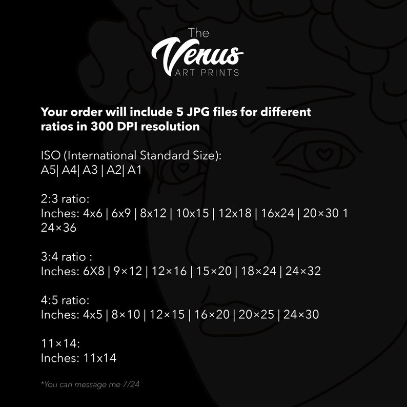May include: A black and white illustration of a face with a heart in the eye. The text "The Venus Art Prints" is at the top of the image. The text below describes the different sizes of digital prints available in 300 DPI resolution. The sizes are listed in inches and include ISO standard sizes, 2:3 ratio, 3:4 ratio, 4:5 ratio, and 11x14.