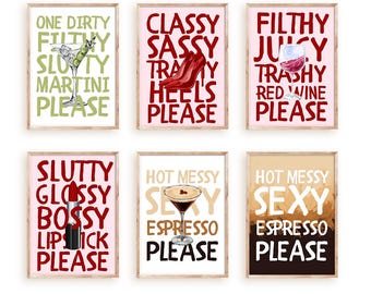 Funny Cocktail Art Print Se,  Slutty Martini, Espresso, Heels, Wine, Lipstick Poster Wall Decor, Sassy Bar Prints, Bold Feminine Wall Art