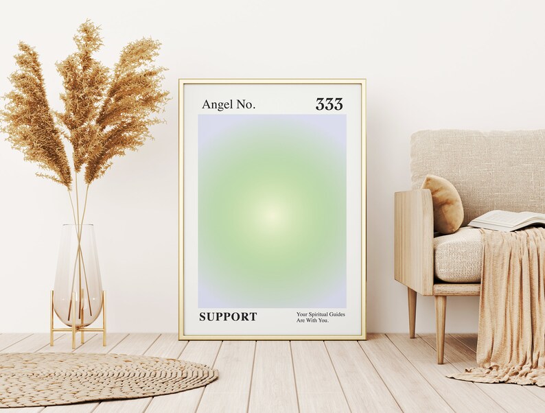 May include: A gold framed poster with a light green and purple gradient background. The poster has the text "Angel No. 333 SUPPORT Your Spiritual Guides Are With You."