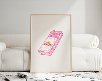 It's a Match Wall Art - Pink Matchbox Print - Modern Minimalist Poster - Pop Art Home Decor - Funny Love Quote Illustration