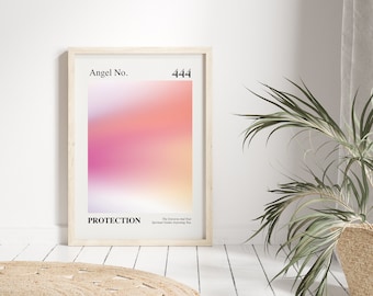 May include: A framed print with a pink and orange gradient background. The text "Angel No. 444 PROTECTION The Universe And Your Spiritual Guides Are Supporting You" is printed on the print.