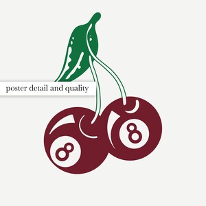 May include: Two red cherries with green stems and leaves. Each cherry has a white 8-ball inside.