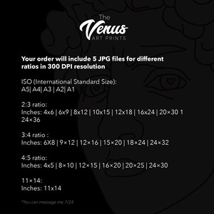 May include: A black and white illustration of a face with a heart in the eye. The text reads "The Venus Art Prints" and "Your order will include 5 JPG files for different ratios in 300 DPI resolution". The text also lists different ISO standard sizes, ratios, and corresponding inch measurements.
