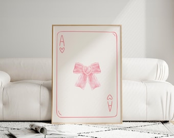 Pink Bow Playing Card Art, Ace of Hearts Poster, Soft Pink Aesthetic Print, Cute Wall Art, Cottagecore Digital Download, Custom Card Decor