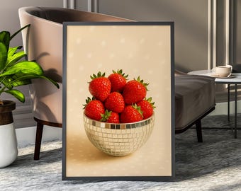Strawberry Disco Bowl Wall Art - Fruit Kitchen Print - Aesthetic Red Berry Poster - Modern Digital Download Photography