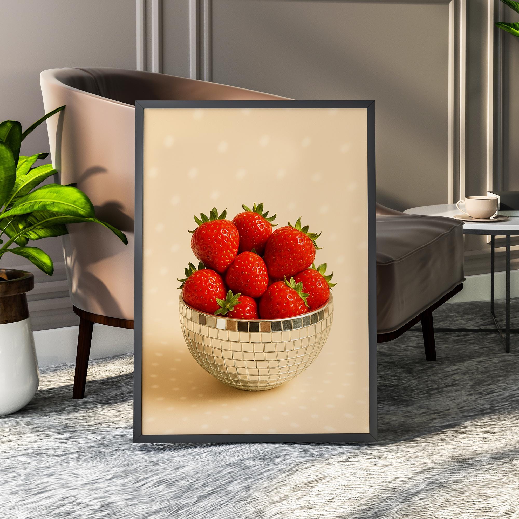 Strawberry Disco Bowl Wall Art - Fruit Kitchen Print - Aesthetic Red Berry  Poster - Modern Digital Download Photography, image size:2000x2000