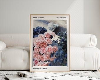 Disco Ball Floral Poster, Studio 54 Print, Retro Home Decor, Pink and Blue Wall Art, Disco Nights, 1970s Party Decoration