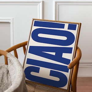 CIAO-print, vintage poster, retro typografieposter, zwart-wit kunst aan de muur, kunst aan de muur galerij, afdrukbare muurkunst, trendy muurkunst, marineblauw