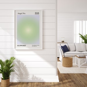 May include: A white framed poster with a light green and purple gradient background. The poster has the text "Angel No. 333" at the top and "SUPPORT" at the bottom. The text "Your Spiritual Guides Are With You" is in smaller font below the word "SUPPORT".
