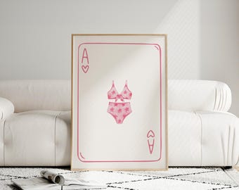 Pink Bikini Playing Card Art, Retro Aesthetic Wall Art, Cottagecore Digital Poster, Summer Beach Decor, Kawaii Printable Wall Art