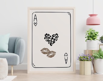 Leopard Print Playing Card Art, Ace of Hearts Poster, Animal Print Wall Art, Boho Printable Decor, Modern Art Print, Custom Card Design