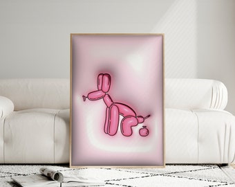 May include: A pink balloon animal shaped like a dog in a squatting position. The balloon dog is on a white background.