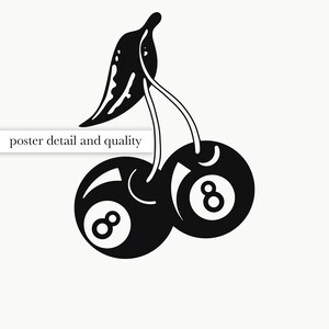 May include: Black and white illustration of two cherries with the number 8 on each cherry, resembling a pool ball.