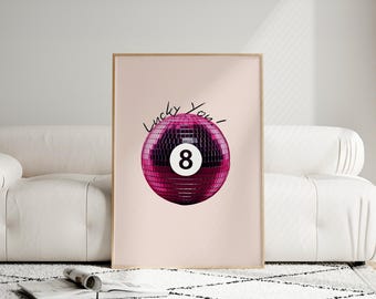 Lucky Disco Ball Print, Retro Bar Wall Art, Disco Poster, Quirky Home Decor,70s Style Printable, Party Wall Art, Fun Bar Print, Lucky Poster