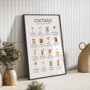Póster de cócteles / Recetas de las 16 bebidas más populares / Decoración de bar imprimible / Tabla de mixología de cocina / Descarga digital