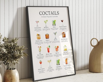 Cocktail Poster | 16 Most Popular Drinks Recipes | Bar Decor Printable Wall Art | Kitchen Mixology Chart | Digital Download