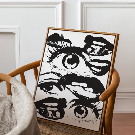 Black And White Art 70s Style Poster,Retro Funky Wall Art, Apartment Decor,Aesthetic Room Decor,  Quirky Home Decor, Large Neutral Wall Art,