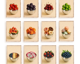 12 Fruit and Dessert Kitchen Posters | Digital Wall Art Set | Colorful Food Prints | Modern Retro Printable Art for Kitchen