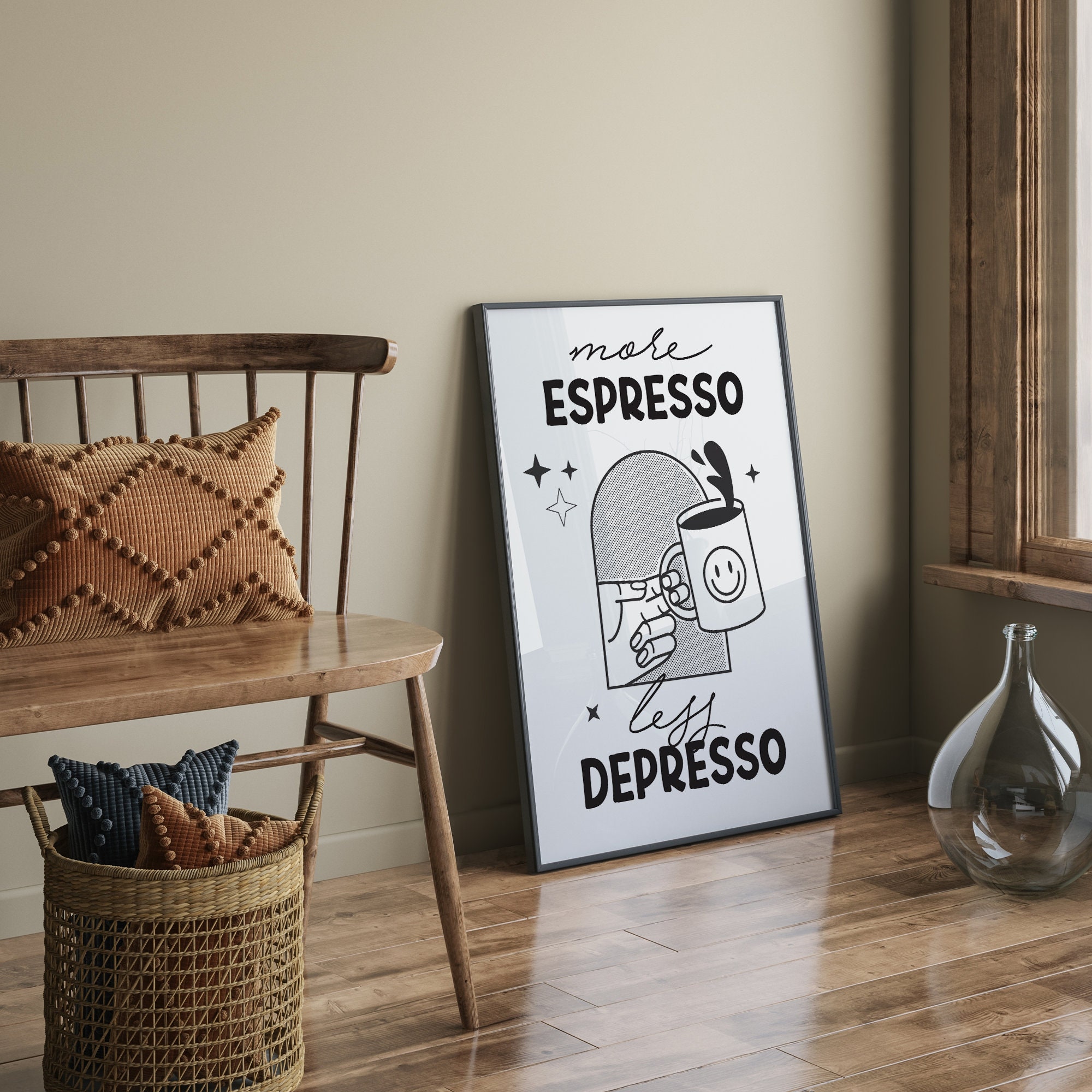 Retro koffie muurkunst - meer espresso minder depresso citaten, schattige poster voor koffiebar of slaapzaal, ingelijst 30 x 40 cm
