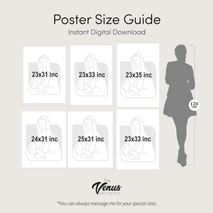 May include: A guide to poster sizes with six different sizes shown in inches. The sizes are 23x31, 23x33, 23x35, 24x31, 25x31, and 23x33. A silhouette of a person is shown next to the poster sizes for scale. The text "The Venus Art Prints" is at the bottom of the image.