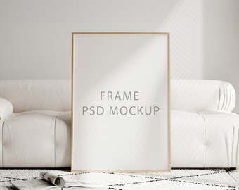 Minimalist Frame Mockup PSD | Vertical Poster Frame | Modern Wall Art Mockup | Boho Living Room Scene | Digital Download