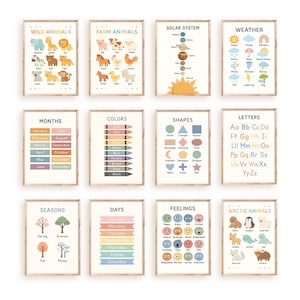 12 carteles educativos para habitación infantil - Set imprimible de arte mural para preescolar - Alfabeto, números, animales, clima, sentimientos, días y meses
