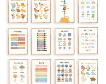 12 Educational Posters for Kids Room - Preschool Wall Art Printable Set - Alphabet, Numbers, Animals, Weather, Feelings, Days, Months