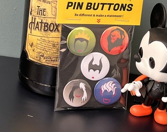 Disney Villains Pin Buttons Set – 1" Badge Collection – Maleficent, Ursula, Scar & More – Disney Fan Gift