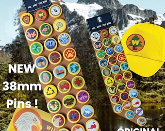 May include: Image showing two sets of pins with diverse designs, alongside a yellow cap with a logo. Text includes "NOW IN 2 SIZES", "NEW 38mm Pins!" and "ORIGINAL 25mm Pins!" The pins are displayed on cards.