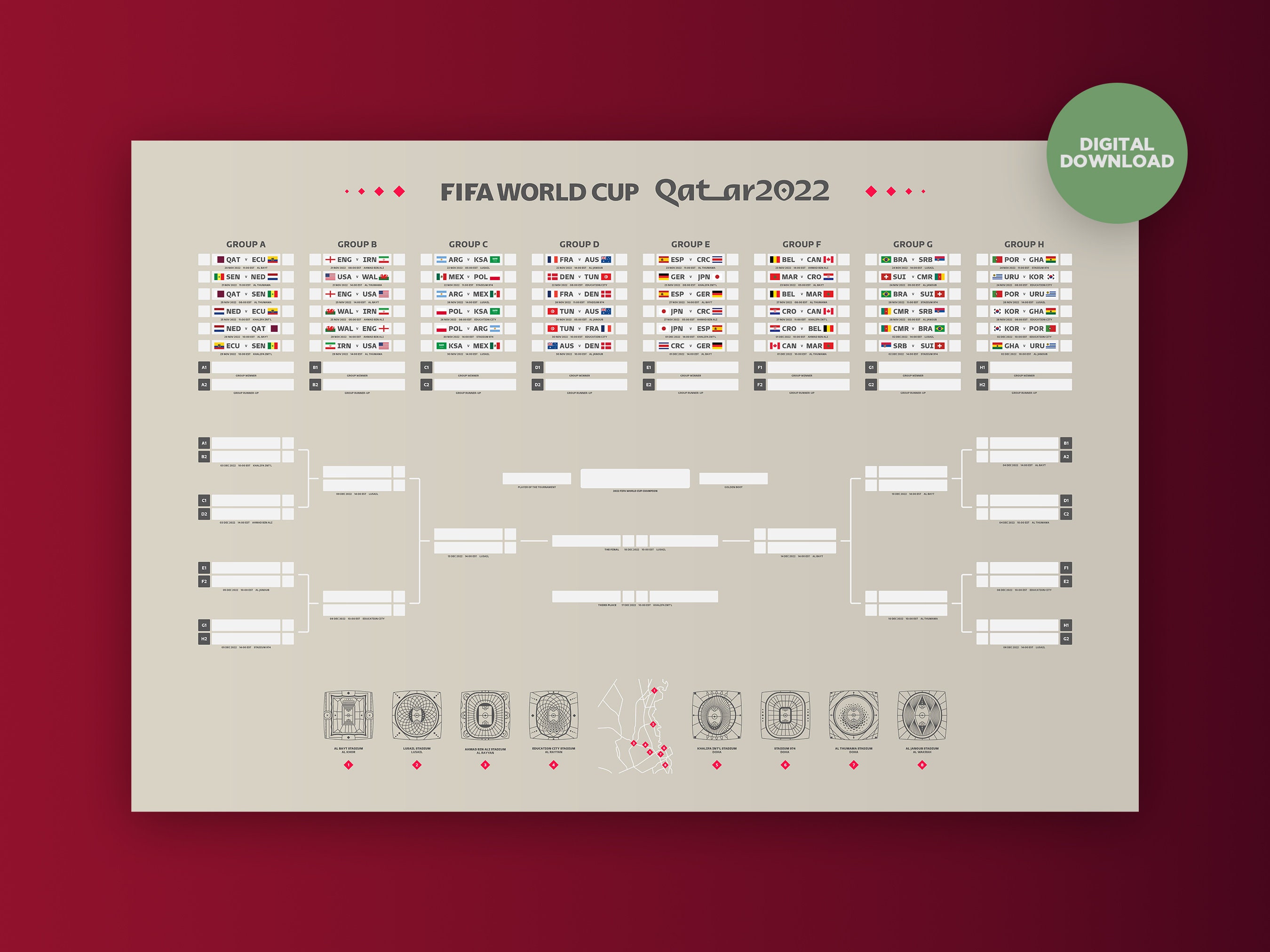 Qatar World Cup 2022 Printable Wall Chart Digital Download