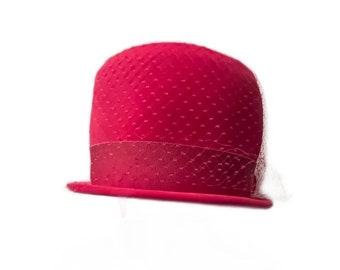 Vintage 1960s Women's Hot Pink velour hat w/netting ribbon & lining size Medium
