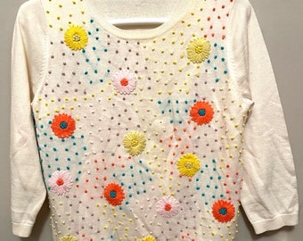 Vintage Boden Ivory Wool Blend Women's Floral & Dot Embroidered and Lined Sweater