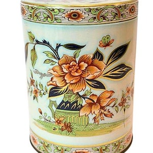 Vintage MCM Daher asiatiskinspirerad blommig design rund tebehållare i burk