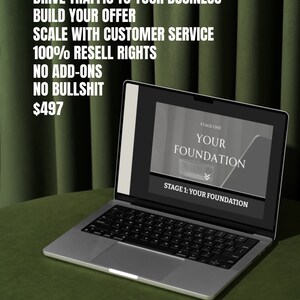Può includere: Un computer portatile con una custodia argentata e tasti neri. Lo schermo mostra una grafica con il testo "Stage One: Your Foundation". Il testo "THE ROADMAP 3.0" è visibile sullo schermo. Il laptop è su una superficie verde.