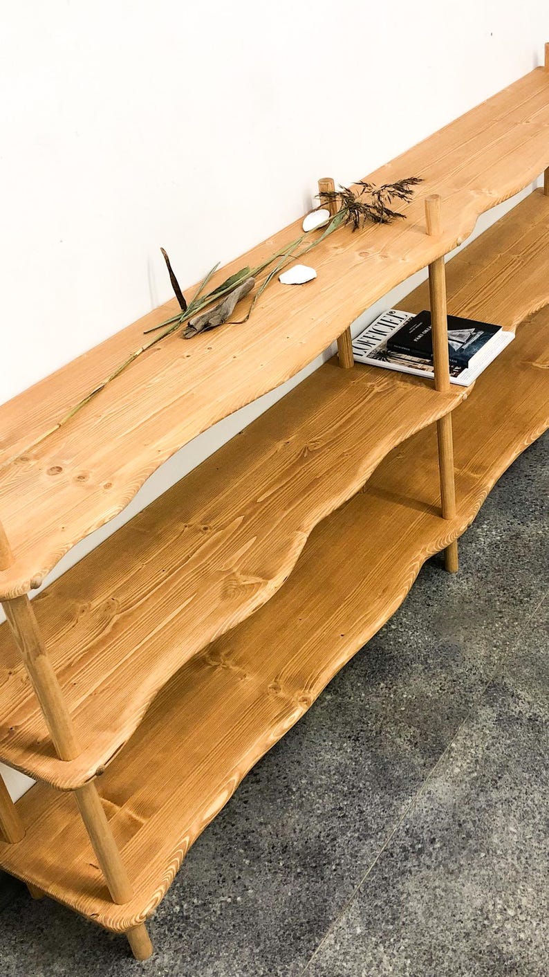 low wooden bookcase wavy shelf room divider handmade bookshelf